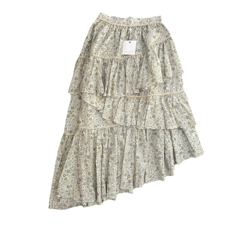 IXIAH Sydney Dahlia Silk Boho Floral Tiered Ruffle Asymmetrical Skirt Size S NWT